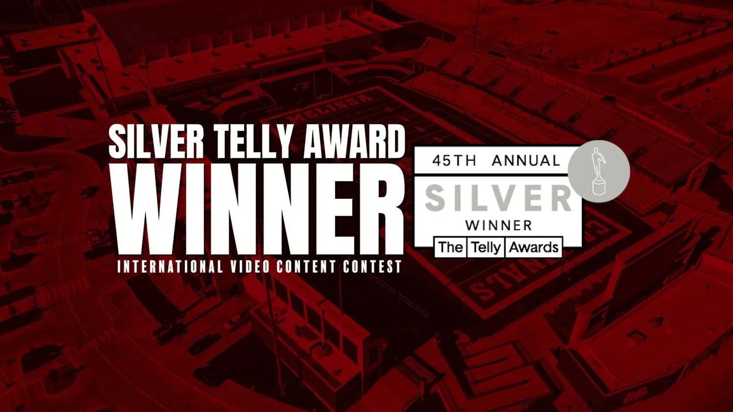 Silver Telly Award winner graphic over an aerial view of Carnie Smith Stadium